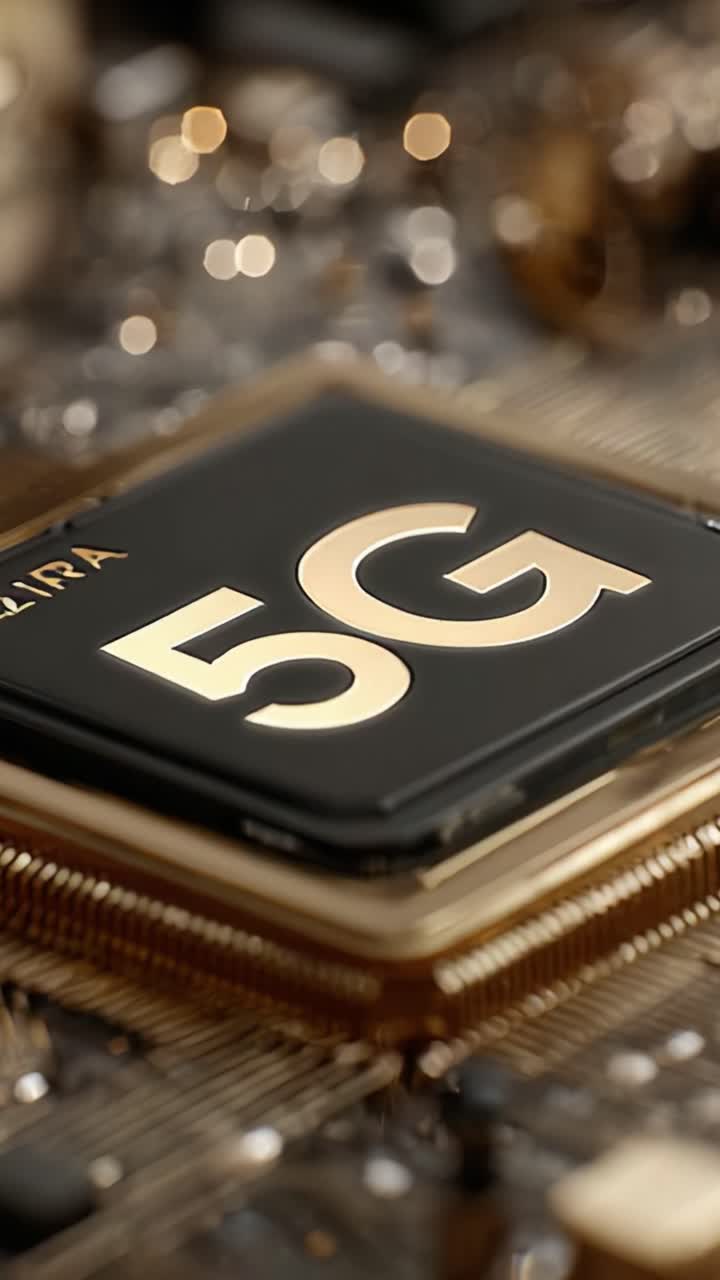 Primo piano di un processore 5G che mette in evidenza la tecnologia avanzata e le funzionalità di connettività in un moderno design di circuito