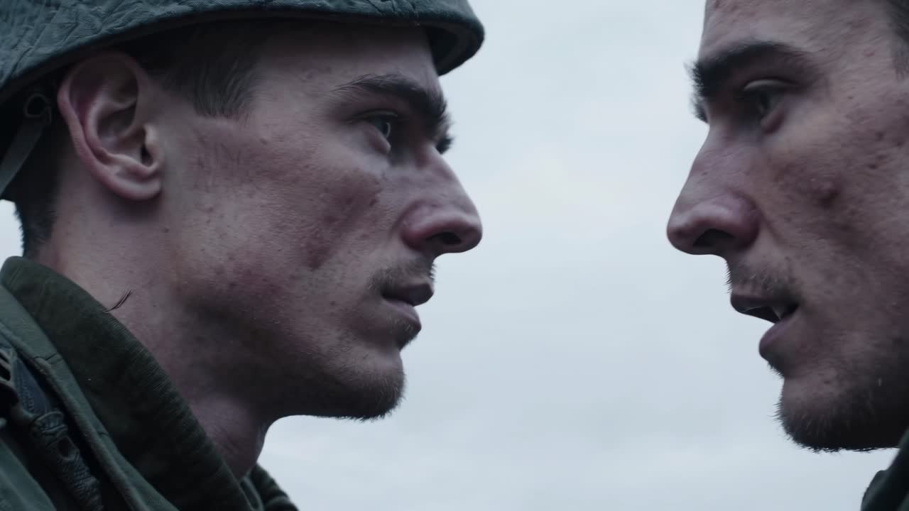 Hardened soldiers exchanging intense conversation, displaying deep determination against overcast sky backdrop, their profiles revealing unspoken military tension and strategic urgency