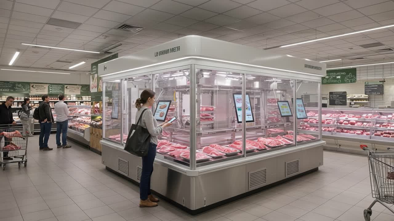 A modern meat display in a grocery store showcasing various cuts of fresh meats, with interactive screens providing information and options for shoppers to explore