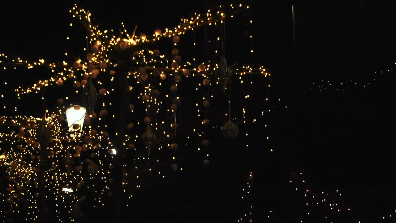 Close up push in shot of small Christmas Fairy String lights at night, in Rotterdam, the Netherlands