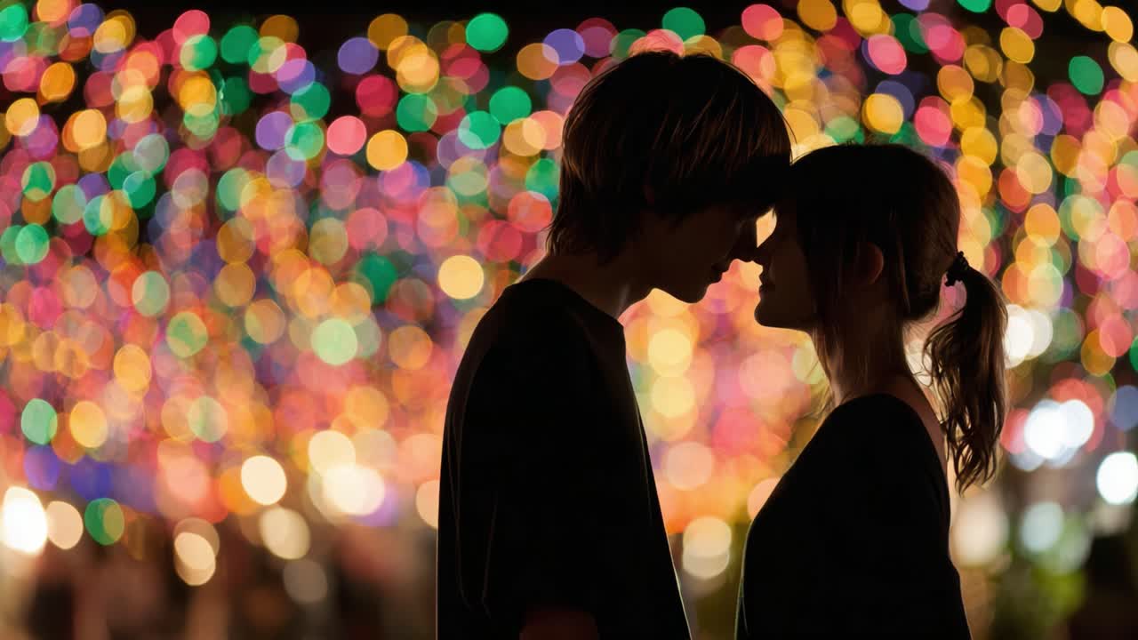 An Intimate Moment Between Two Lovers Under a Colorful Bokeh Background, Capturing the Essence of Romance and Connection in a Magical Atmosphere