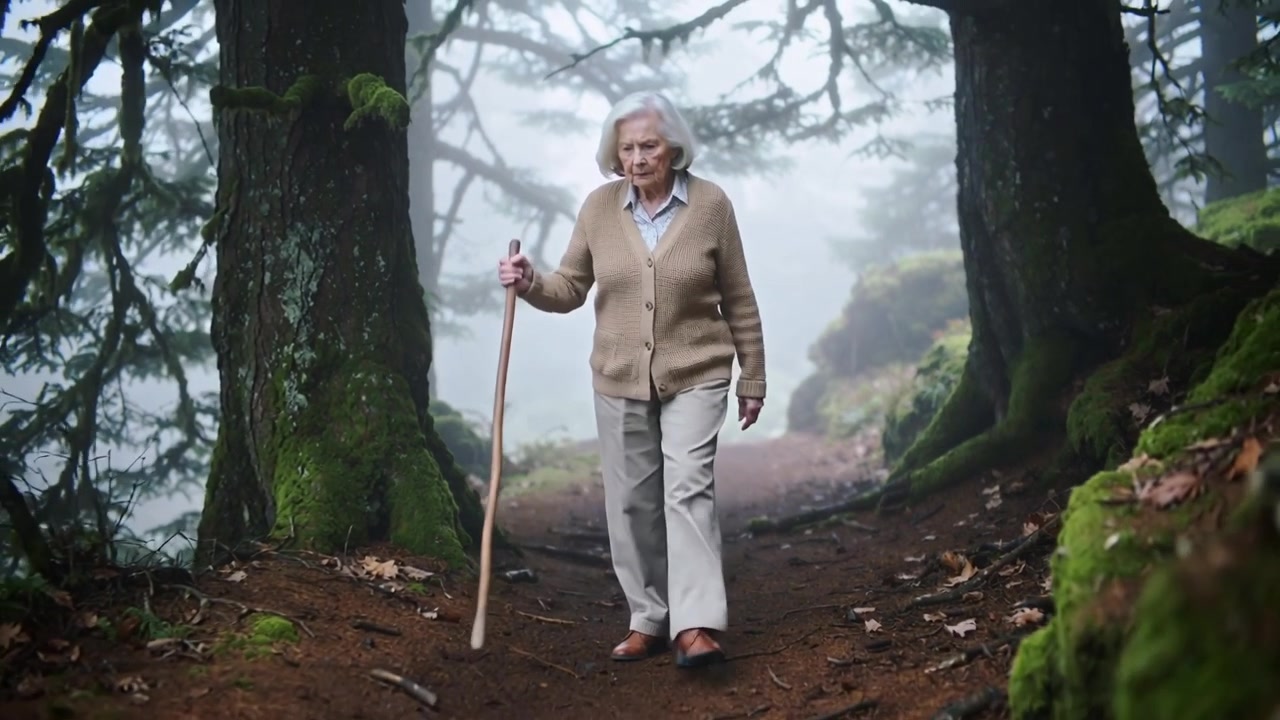 Donna anziana con cardigan beige che inizia a camminare dal fondo del sentiero, sorreggendosi con un bastone di legno.
