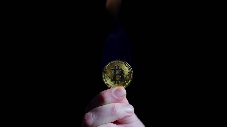Persona che tiene un bitcoin in fiamme su sfondo nero, mostrandolo da diverse angolazioni, primo piano