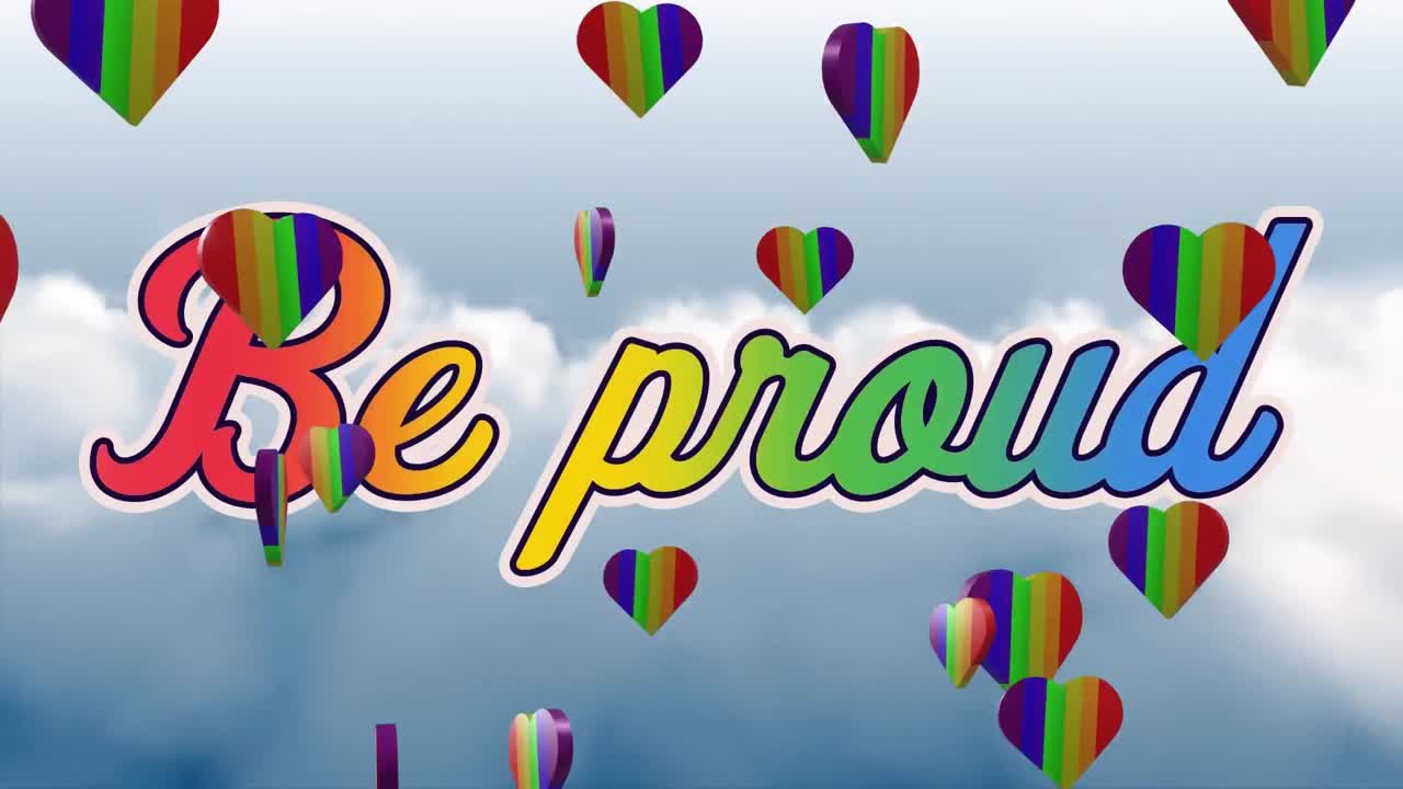 무지개 마음과 구름이 있는 하늘 위에 자랑스러운 텍스트의 애니메이션