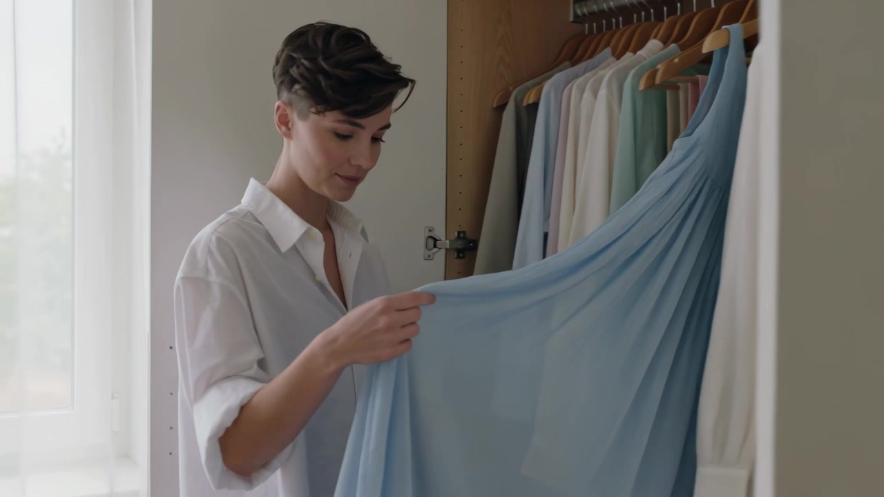 Uomo con maglietta bianca che apre l'armadio, selezionando un vestito azzurro in camera da letto, illuminato dalla luce della finestra.