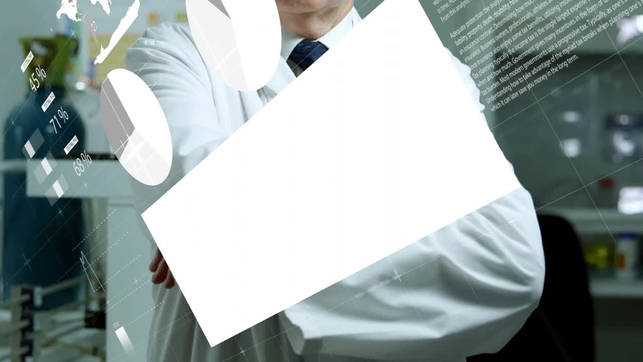 Cientista sênior levantando a mão ao entrar no quadro, iniciando o deslizamento de gráficos virtuais e gráficos de dados no laboratório