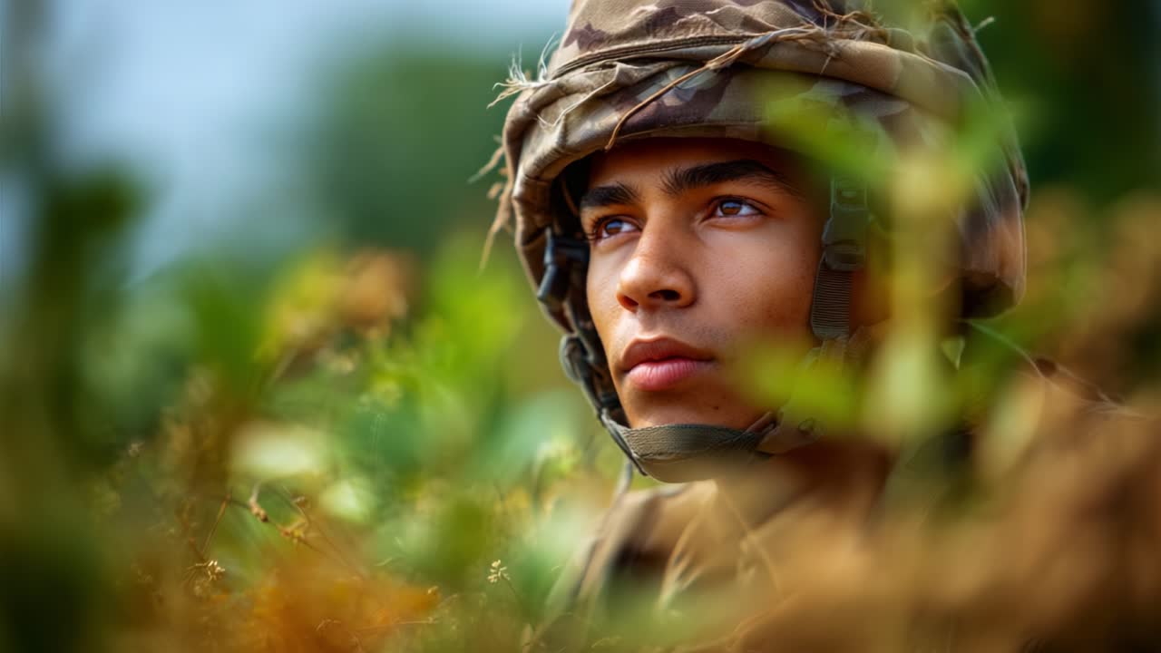 A Young Soldier Observing His Surroundings with Focused Determination in a Natural Environment, Displaying Strength, Courage, and Vigilance Amidst Nature's Greenery