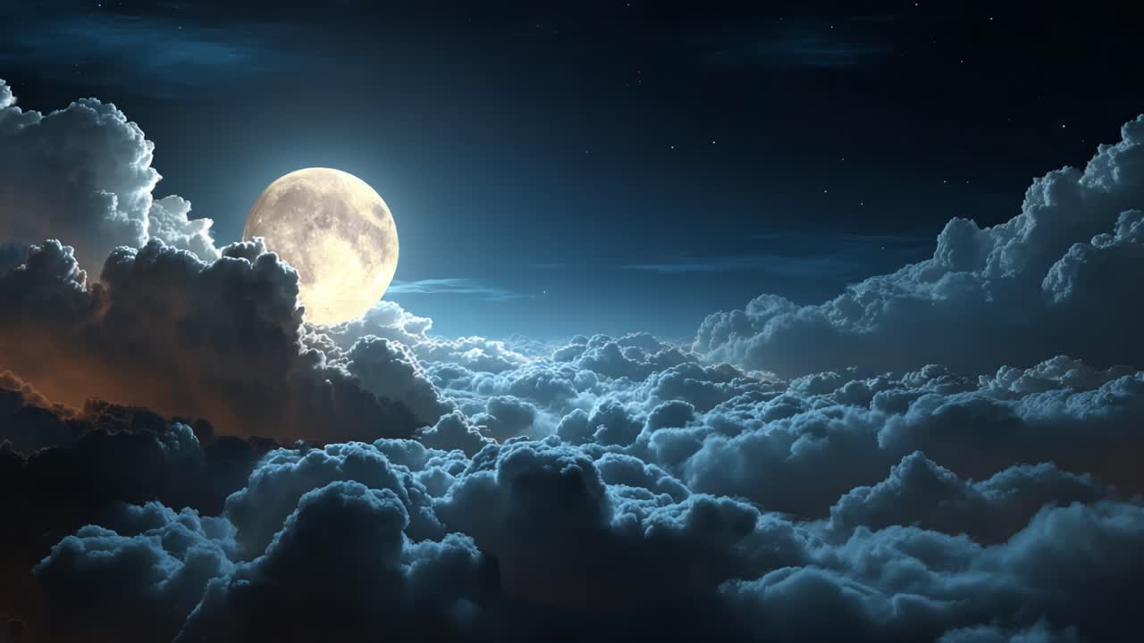 Oszałamiający widok pełni księżyca oświetlającego nocne niebo, otoczonego miękkimi, kłębiastymi chmurami, tworzącymi pogodną i senną atmosferę