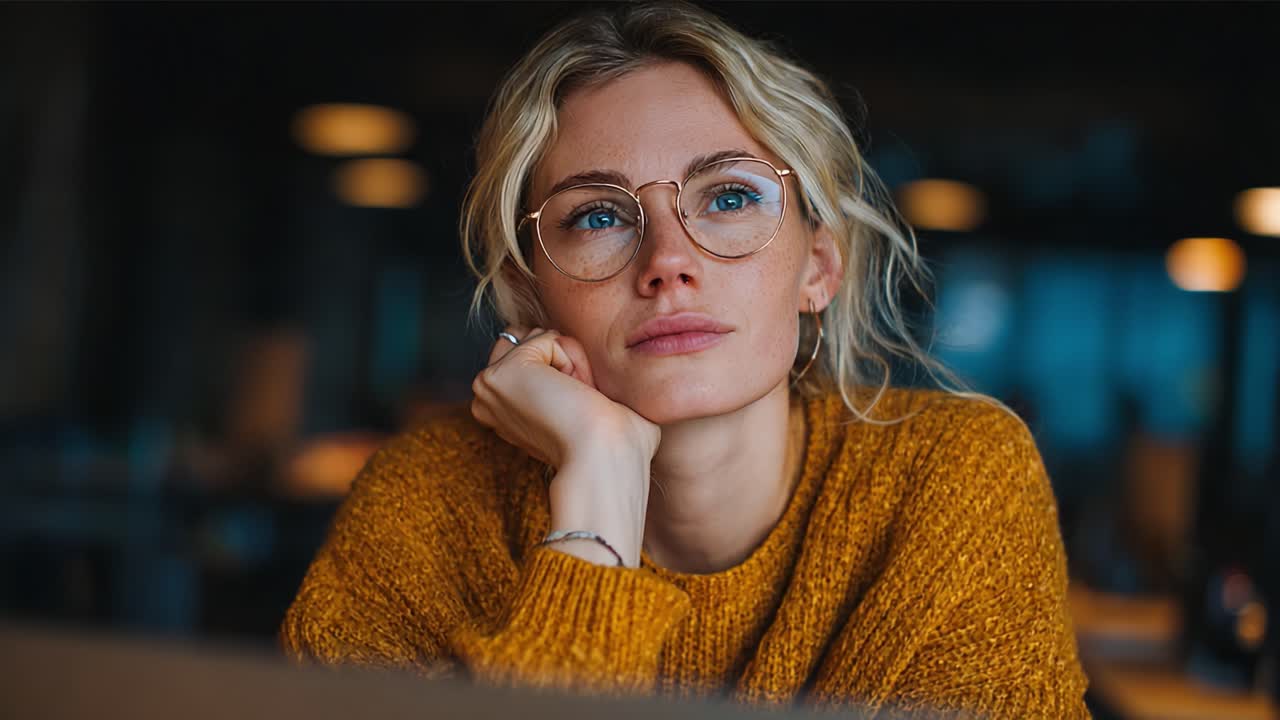 A Thoughtful Moment: Captivating Portrait of a Young Woman in a Cozy Sweater, Deep in Contemplation with an Expressive Gaze and Soft Lighting Background