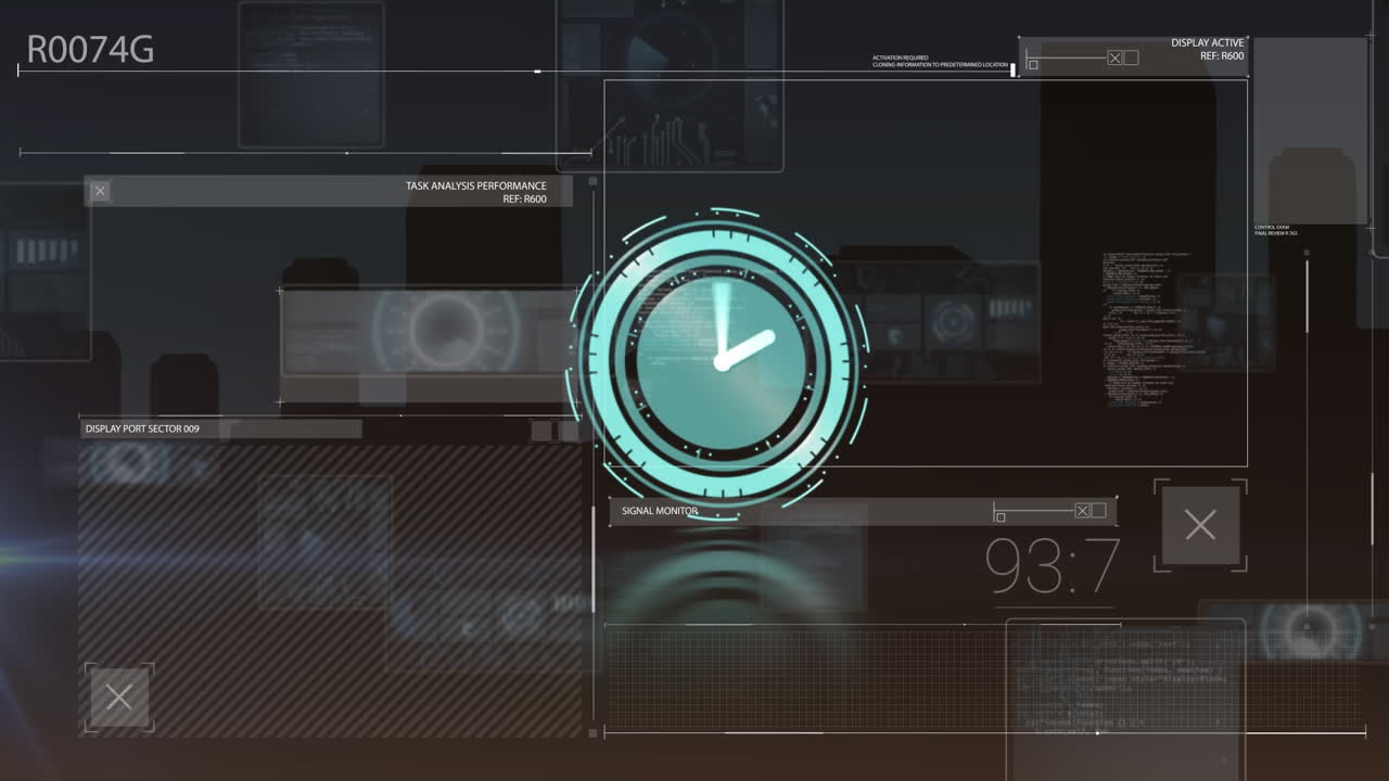 animación del reloj de neón y interfaz con procesamiento de datos contra la vista aérea del paisaje urbano.