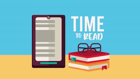 time to read lettering with ebook in smartphone and books learning animation