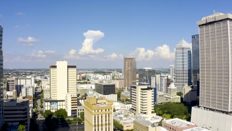 Aerial-view-of-downtown-Tampa,-Florida-skyscrapers-blue-sky