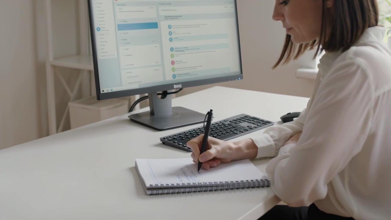 Writing woman in light blouse checking monitor and keyboard, noting in notebook at desk, copy space