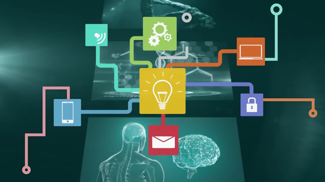 Animation of technology icons over screens with biological data on green background