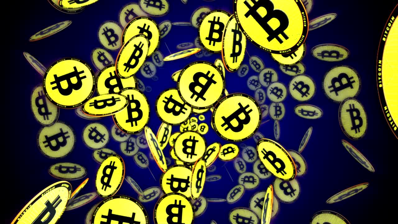 animación de monedas de bitcoin, fondo, renderización y bucle