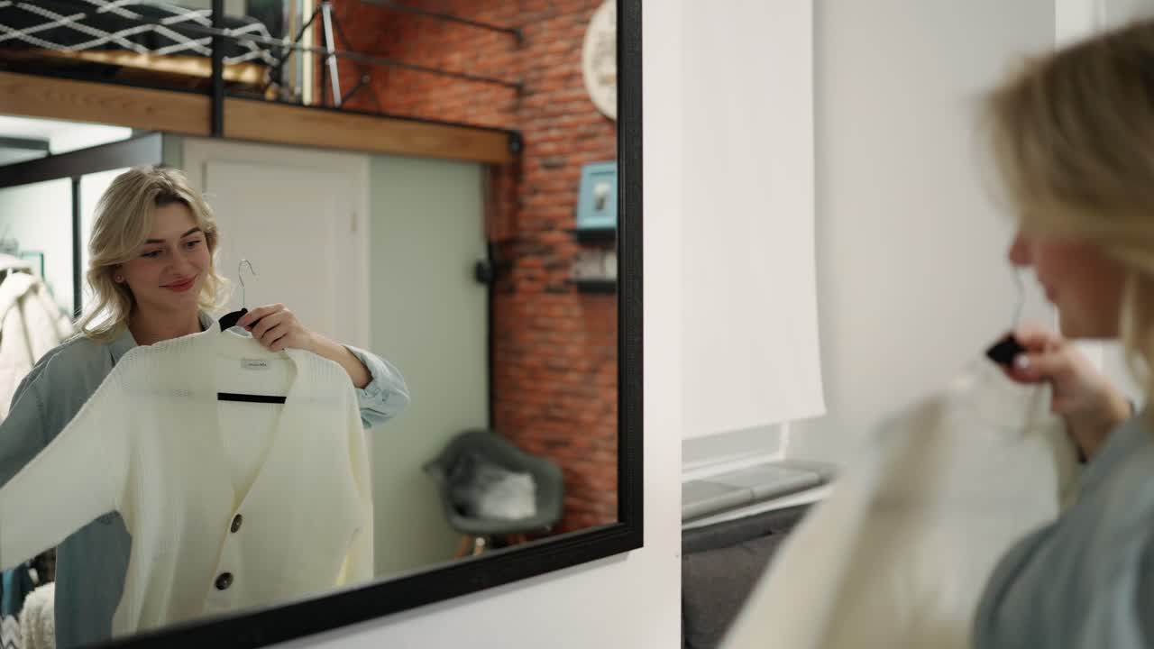 금발은 집에 있는 옷장에서 옷을 선택한다. 한 여자가 색 재을 입는다.