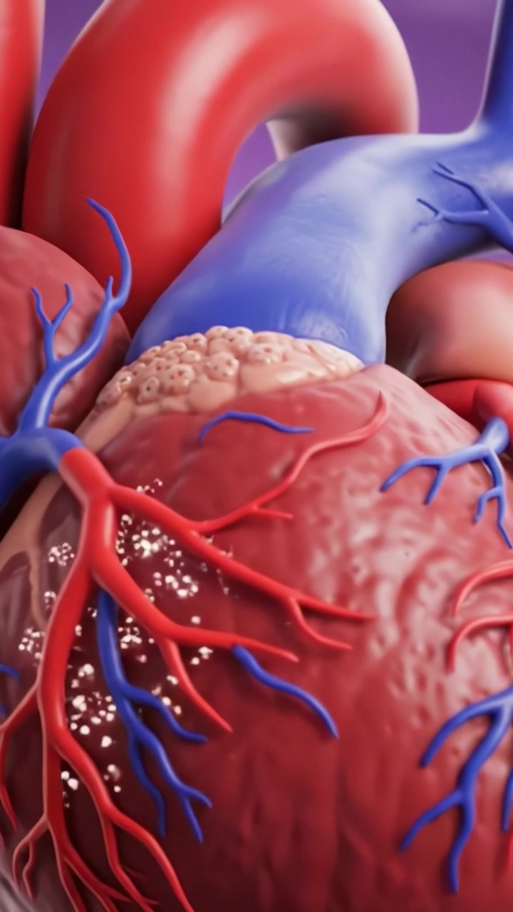 Modello anatomico dettagliato di un cuore umano che illustra arterie, vene e struttura cardiaca con elementi vascolari colorati a scopo educativo.