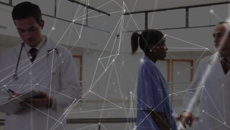 data processing animation over medical professionals in hospital network of connections