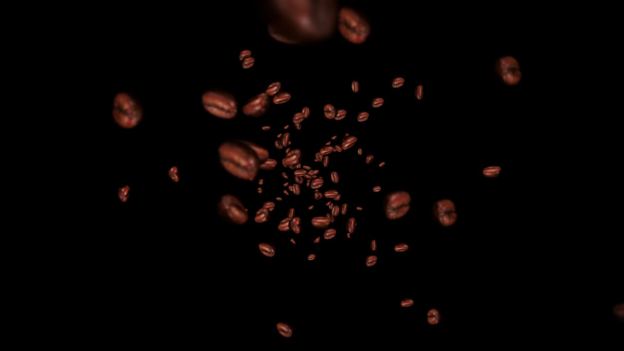 검은 바탕에 많은 커피 콩을 날아. 카페인 음료, 아침 식사, 아로마. 은 커피 의 3d 애니메이션 회전. 루프 애니메이션.
