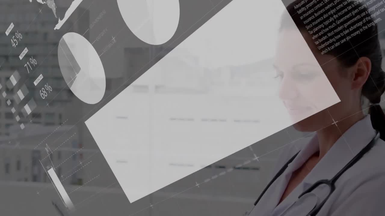 animación del procesamiento de datos con una mujer médico en el fondo