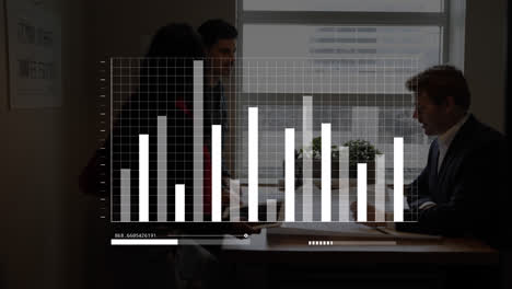 animation of bar graphs on grid pattern over diverse coworkers sharing ideas in office