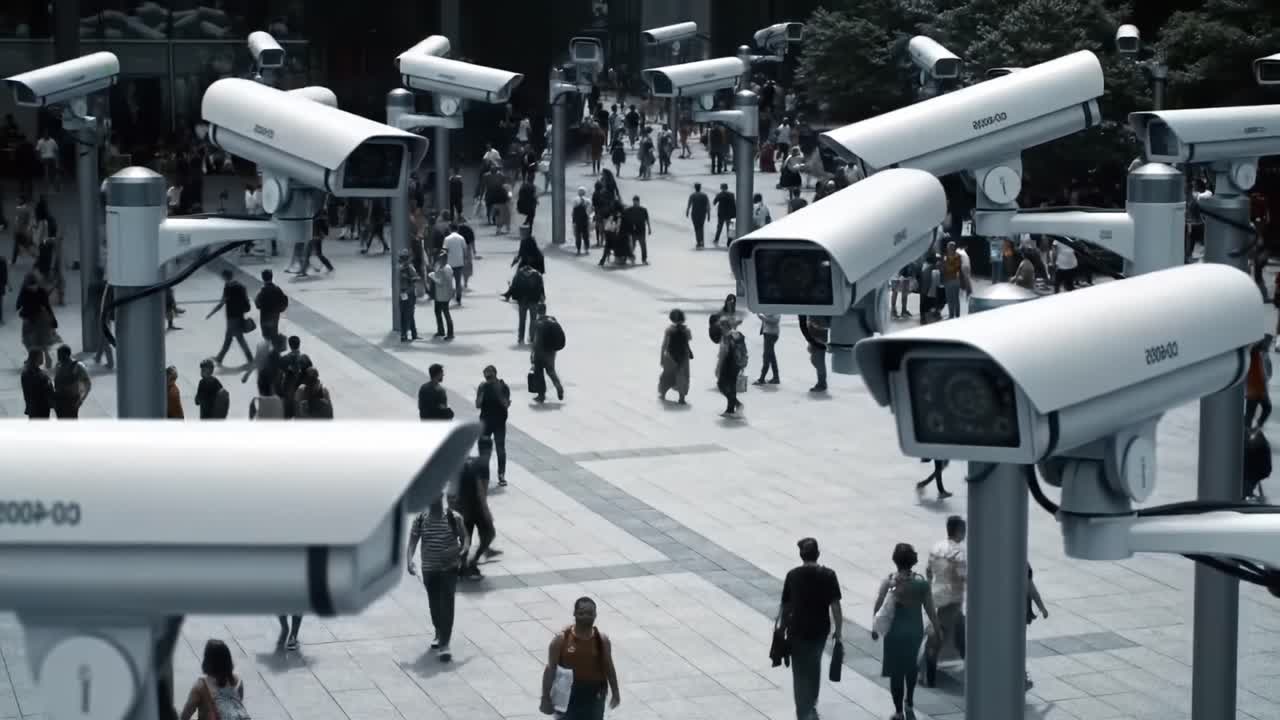 Surveillance Society: A Bird's Eye View of Modern Urban Life Featuring an Array of Security Cameras Monitoring Crowds in a Bustling City Square