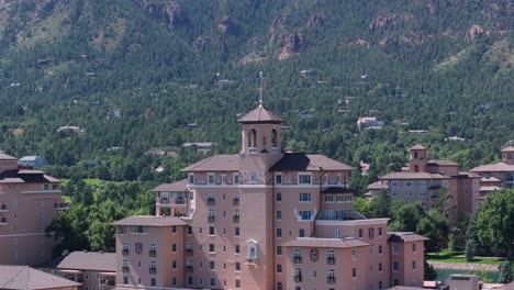 the broadmoor luxury hotel building, drone close up