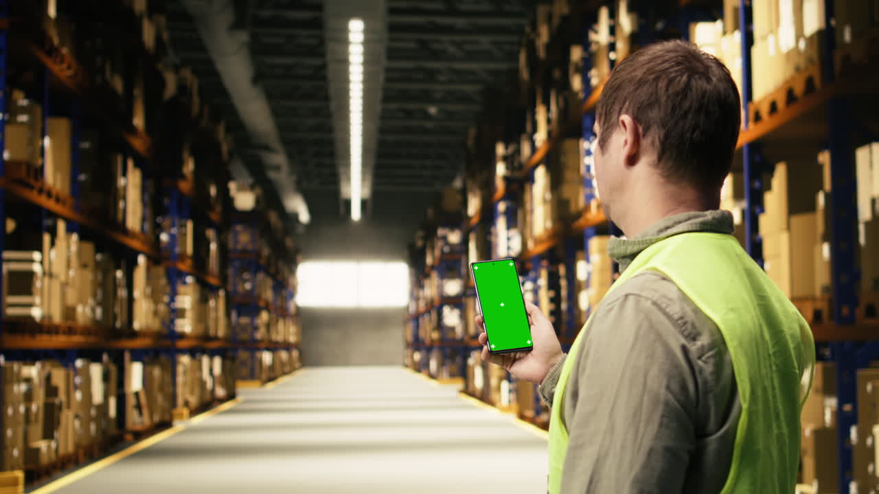 Vertical screen on smartphone held by male worker ensuring shipment