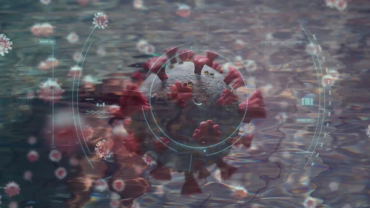 video compuesto digital de escaneo de células de covid-19 contra una mujer nadando en la piscina