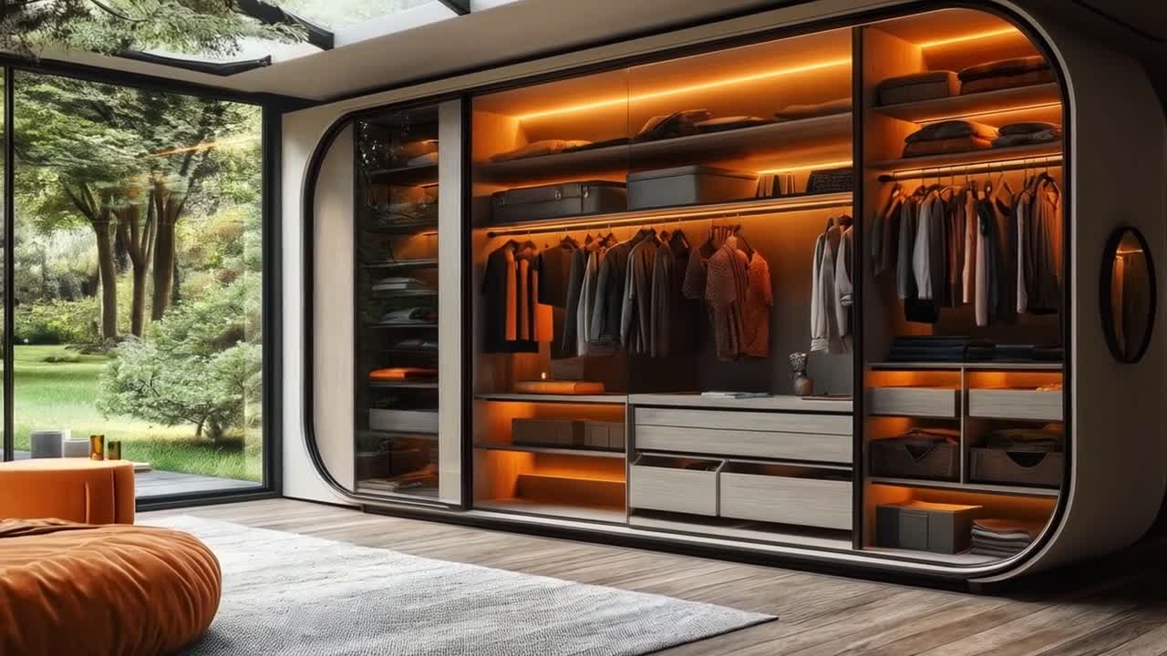 Cabina armadio moderna con vani illuminati e vista giardino