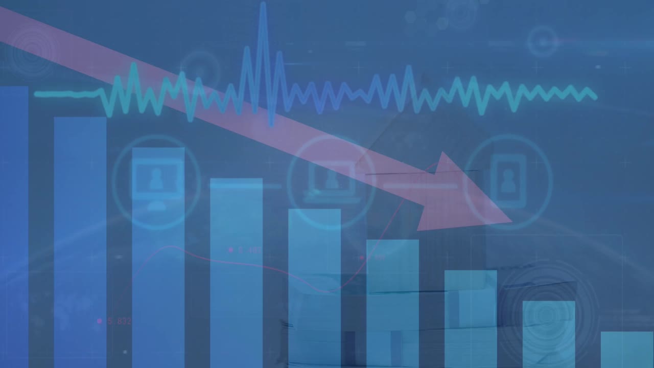 디지털 아이콘 네트워크의 애니메이션과 파란색 배경에 대한 통계 데이터 처리