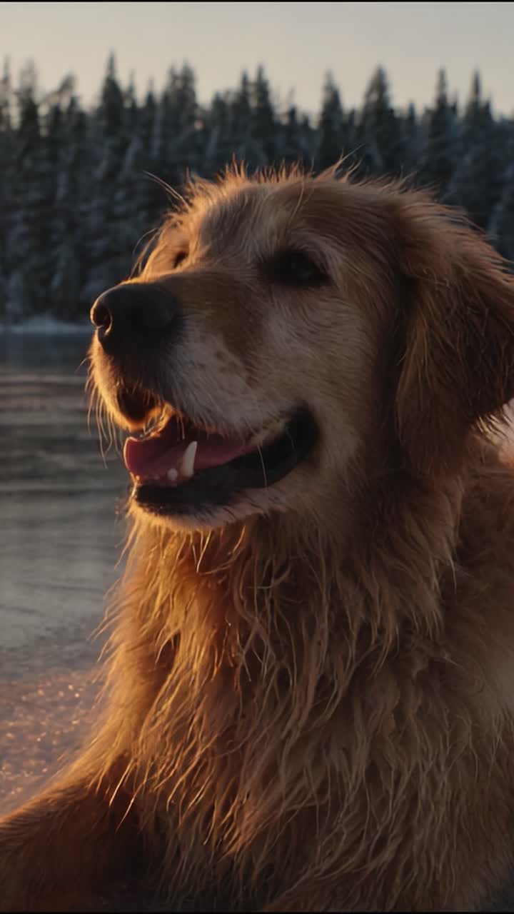 Un Golden Retriever si gode un tranquillo tramonto in riva al lago ghiacciato, trasmettendo gioia e appagamento in un sereno paesaggio invernale