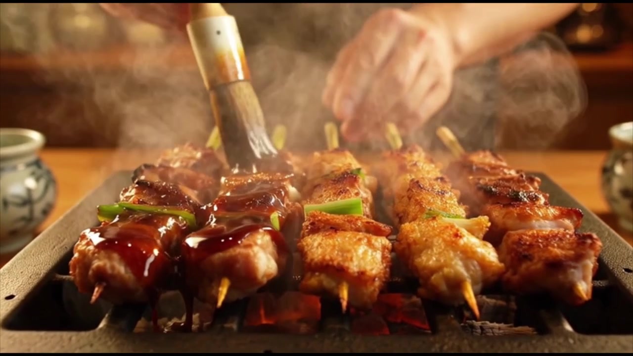 Chef che spennella la marinatura sugli spiedini di yakitori su una griglia a carbone