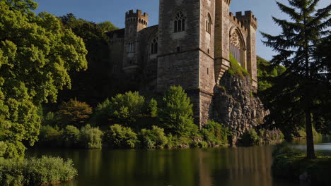ancient stone castle in a lush garden