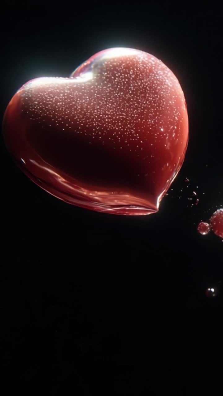 A mesmerizing heart-shaped object filled with sparkling bubbles and a glossy finish, elegantly floating against a dark background, radiating beauty and love