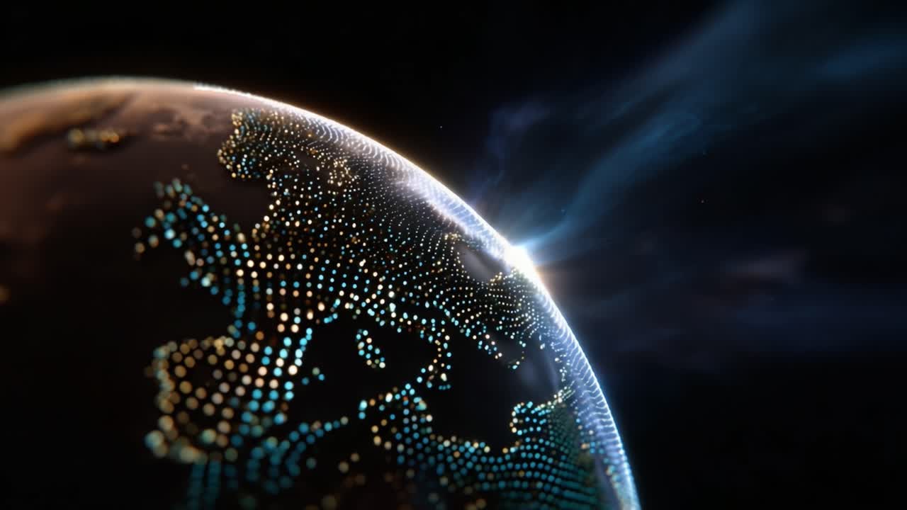 A Stunning View of Earth from Space Illuminated by a Bright Sunburst, Showcasing a Dazzling Array of Colored Dots Representing Land and Water Features