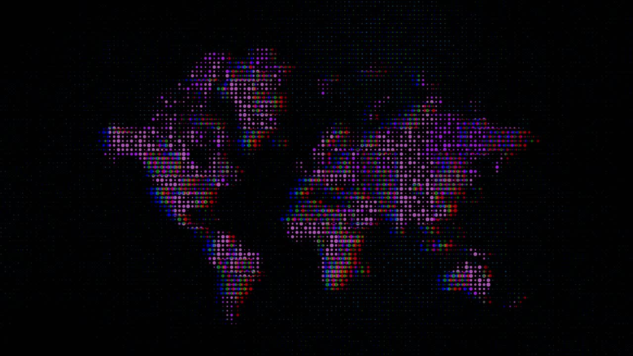 Digital world map glitch animation, glowing red blue dots on dark background
