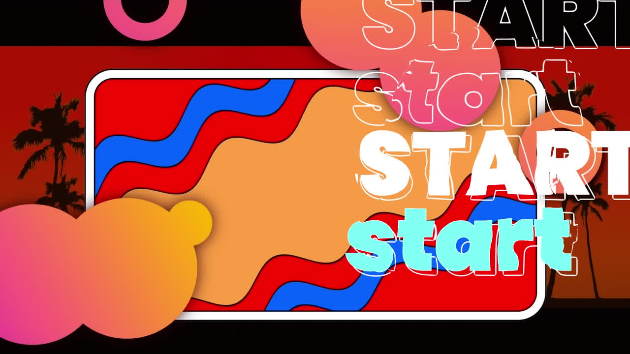 Animation of start texts, wave pattern in rectangle, circles over silhouette of trees against sky