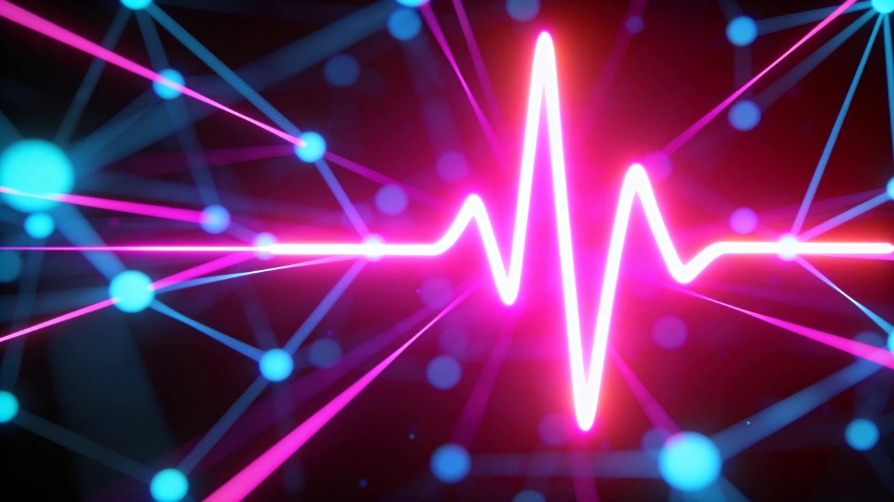 Pulserende fra start, en neon EKG-bølgeform signaliserer en bølge i et virtuelt nett med cyan noder og magenta linjer.
