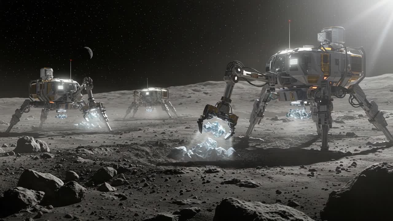 Exploration Robots Unveil Secrets of the Moon's Surface: Advanced Machines Delicately Excavating Lunar Soil and Analyzing Hidden Resources in a Mysterious Landscape