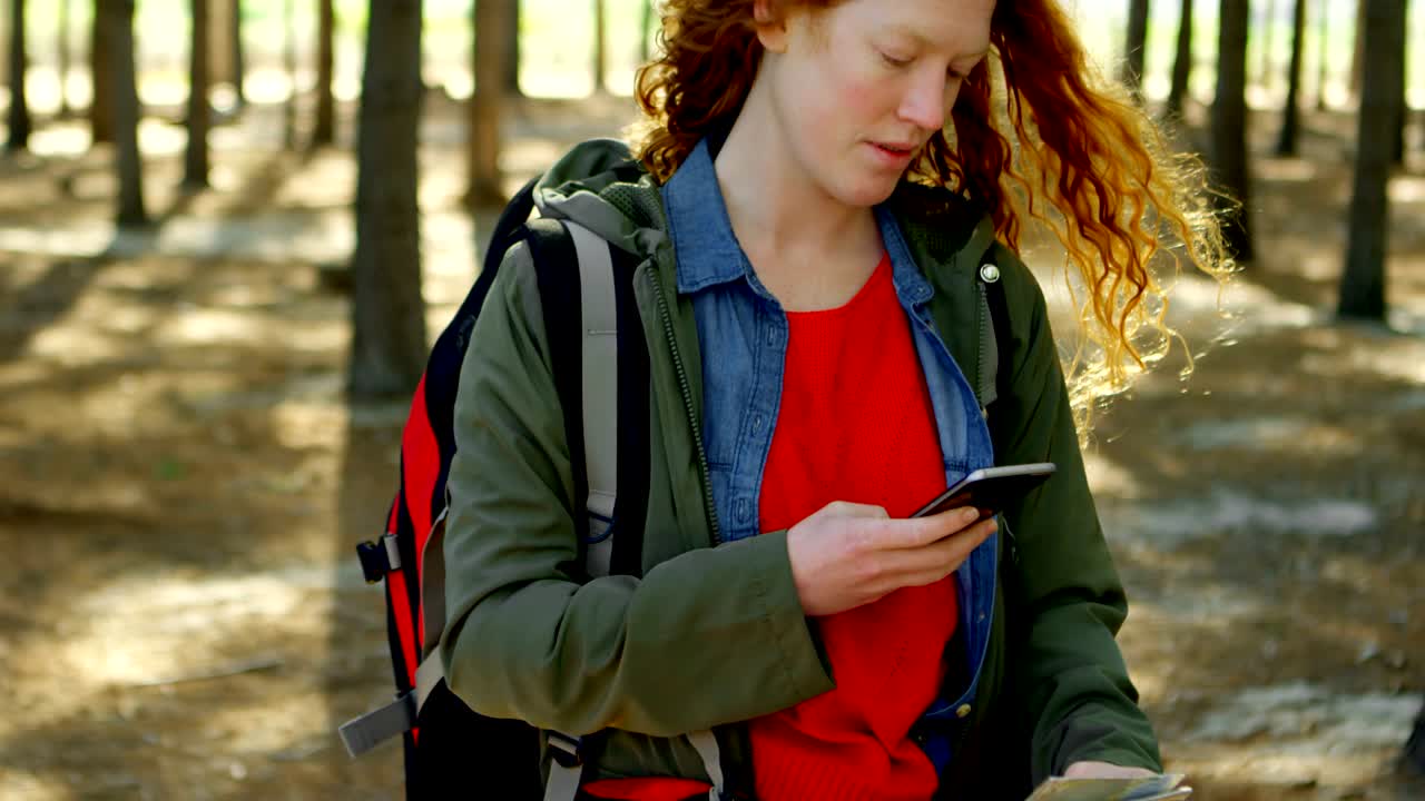 mujer usando teléfono móvil en el bosque 4k