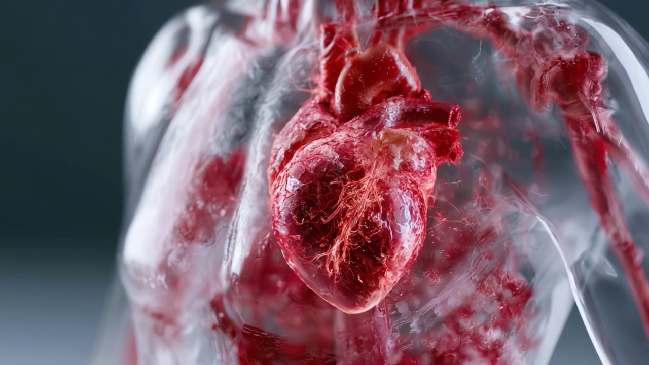 Uno splendido primo piano di un cuore umano che evidenzia i dettagli intricati dell'anatomia cardiaca in un modello corporeo trasparente