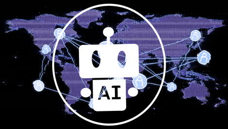 ai robot icon and network connections animation over world map background