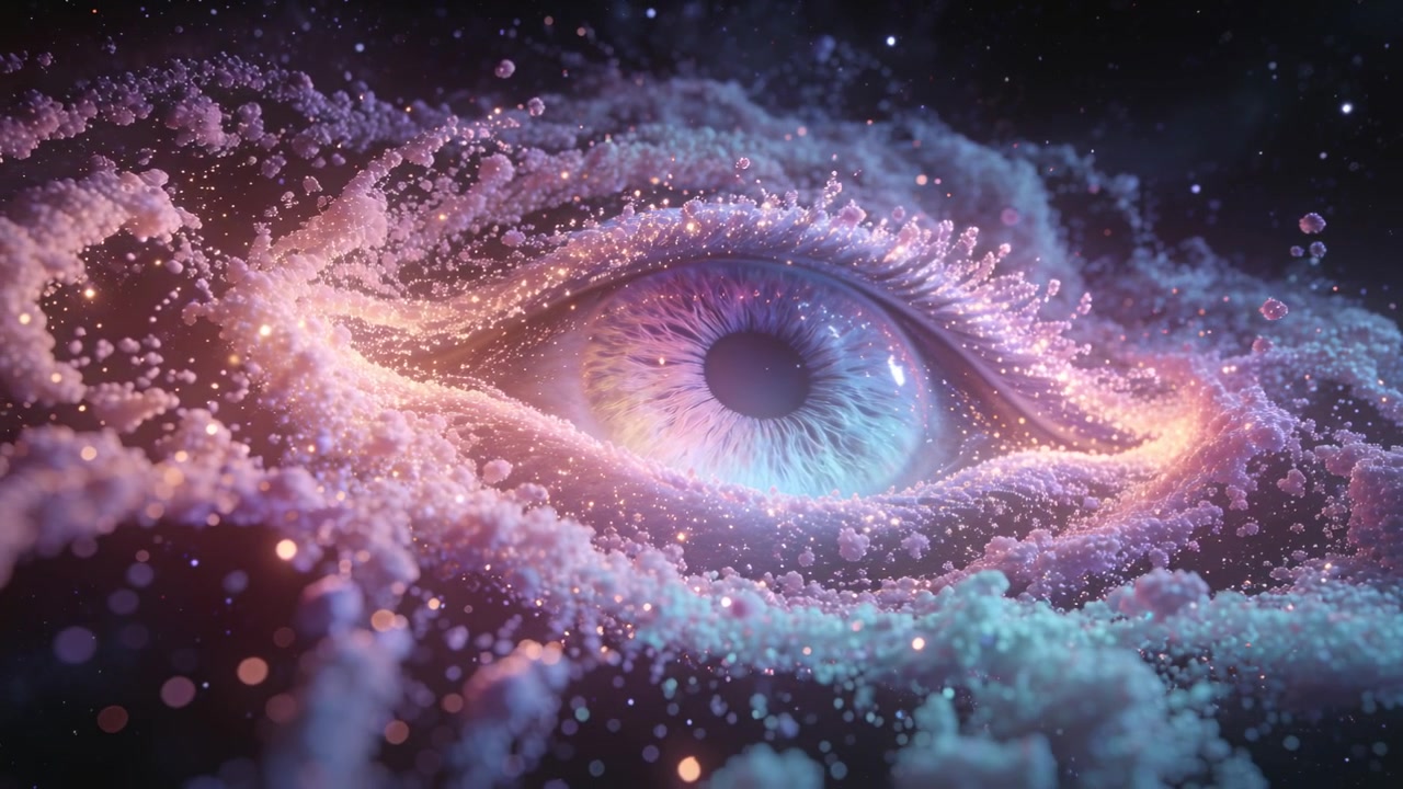 Rivelando un occhio stilizzato che pulsa in una nebulosa mentre la telecamera si muove in avanti per mostrare ciglia filamentose e stelle.