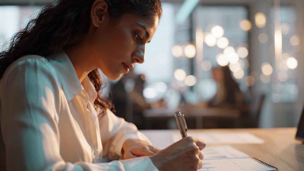Focused Woman Taking Notes at a Brightly Lit Desk in a Modern Office Environment, Capturing Ideas and Creativity Through Writing