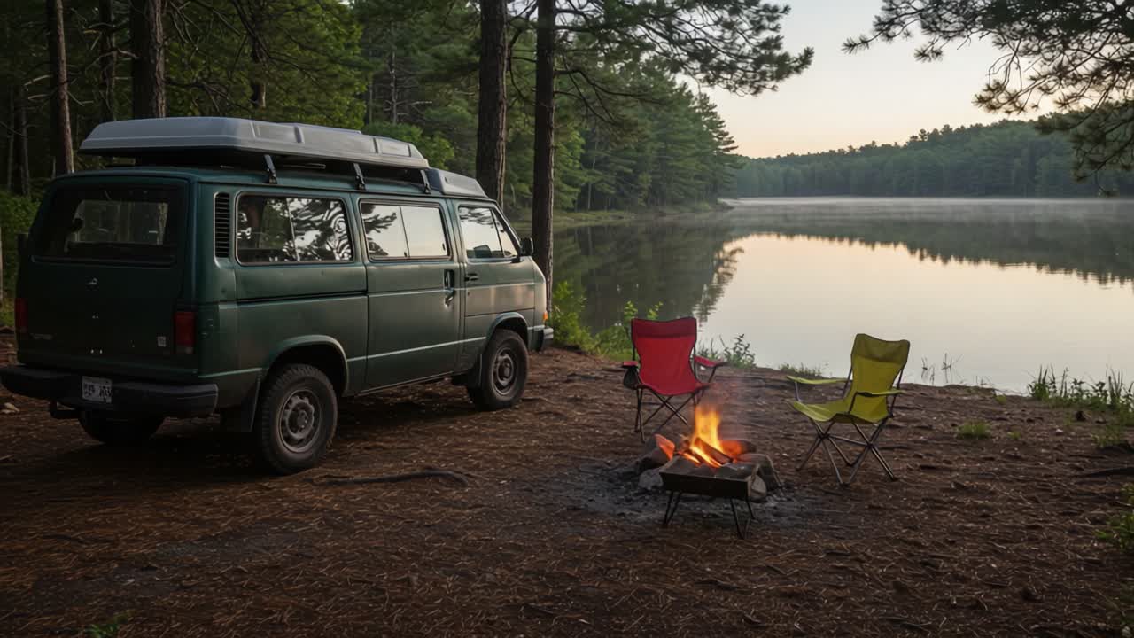 A Serene Camping Retreat by the Tranquil Lake: A Van and Campfire Set Against the Stillness of Nature's Beauty