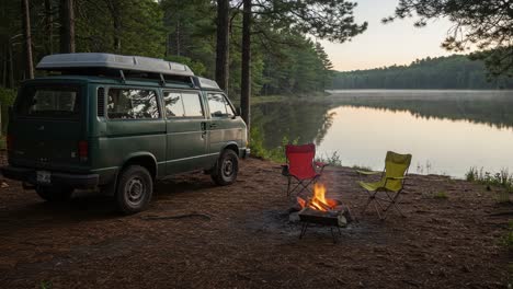 a serene camping retreat by the tranquil lake: a van and campfire set against the stillness of nature's beauty
