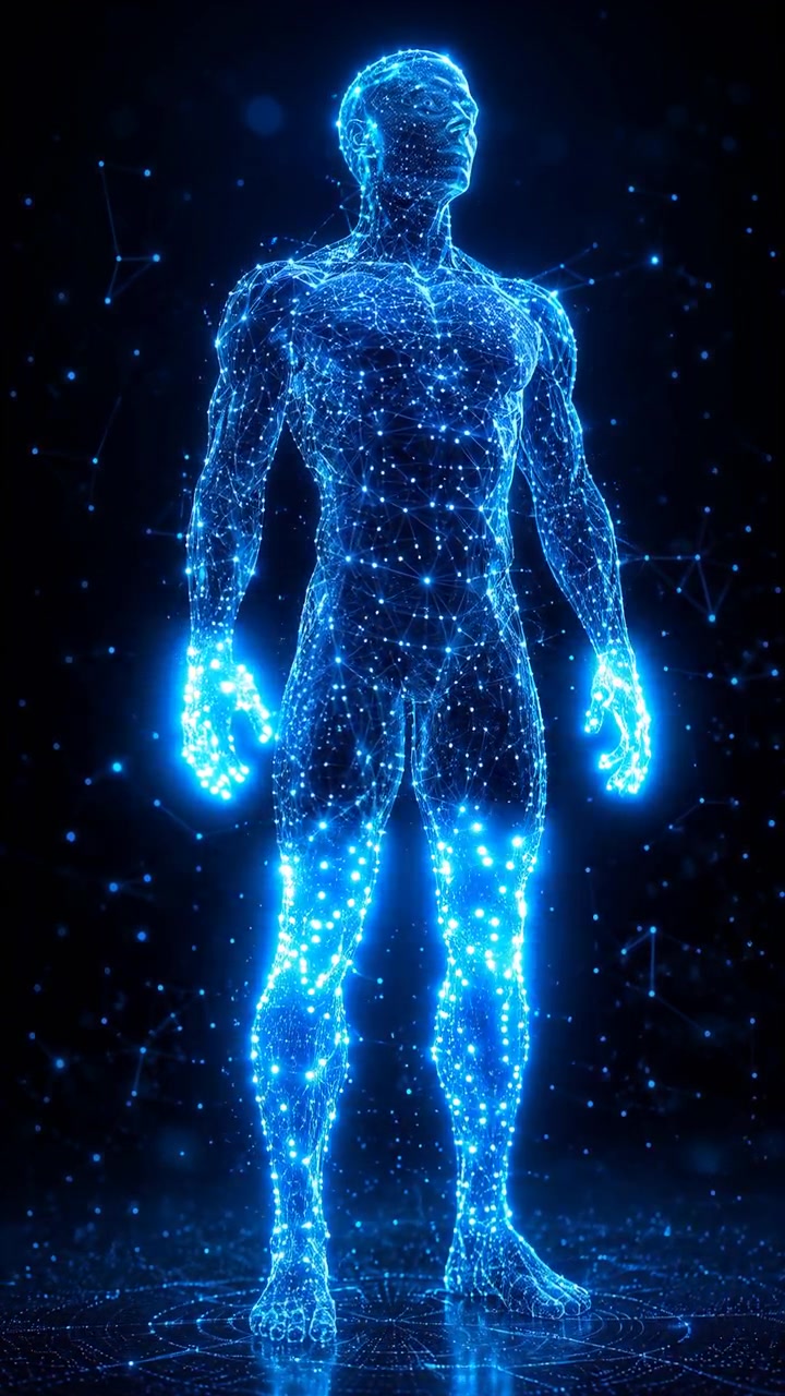 Vista frontal de uma silhueta azul brilhante semelhante a um humano, formada por partículas de luz interconectadas, em pé contra um fundo escuro com faíscas flutuantes e um