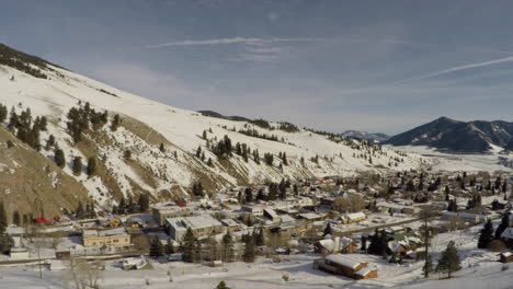 Aerials-of-a-small-mountain-town-and-cliffs-during-the-Winter-in-Colorado