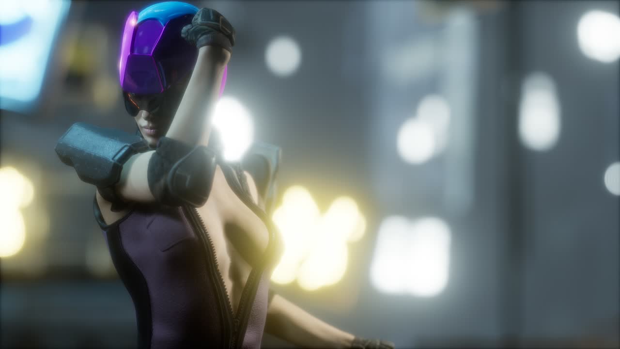 futuro concepto de mujer cyberpunk con luces de neón de la ciudad